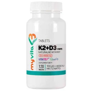 MyVita K2 + D3 Forte, vitamina K MK-7 din natto 100 µg + vitamina D 4000 UI, 120 tablete