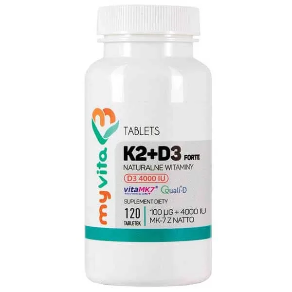 MyVita K2 + D3 Forte, vitamina K MK-7 din natto 100 µg + vitamina D 4000 UI, 120 tablete — preț și oferte