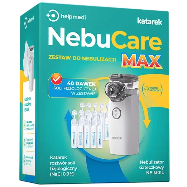 NebuCare Max, set de nebulizare pentru sugari și copii, Helpmedi, nebulizator cu plasă + Katarek, soluție salină NaCl 0,9%, 5 ml x 40 fiole — preț și oferte