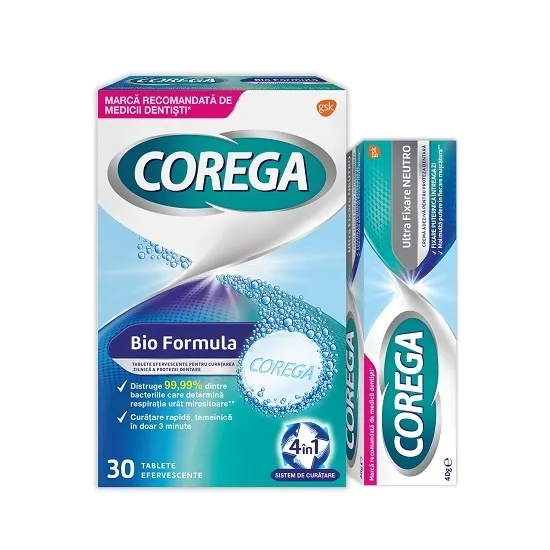 Pachet Corega: Crema adeziva Neutro 40g + Tablete efervescente Bio Formula, 30 buc — preț și oferte