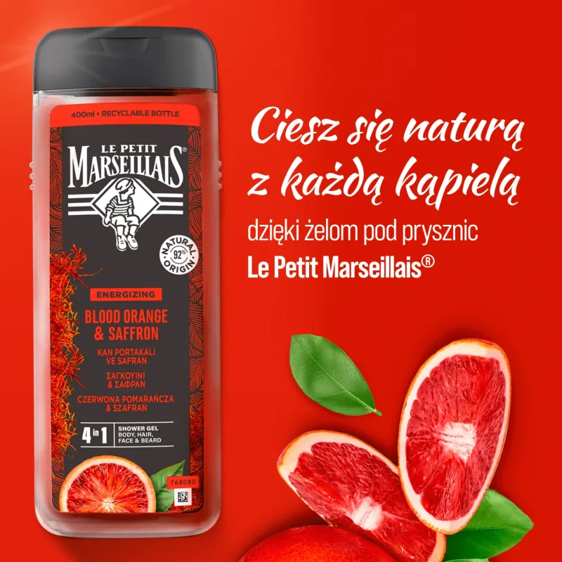 Le Petit Marseillais, Gel de duș 3 în 1 pentru bărbați, portocaliu roșu și șofran, 400 ml — preț și oferte