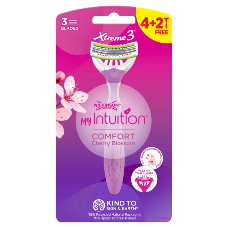 Wilkinson Sword Xtreme 3 My Intuition, aparat de ras pentru femei, de unică folosință, lamă triplă, Comfort Cherry Blossom, 4 buc + 2 buc gratis — preț și oferte