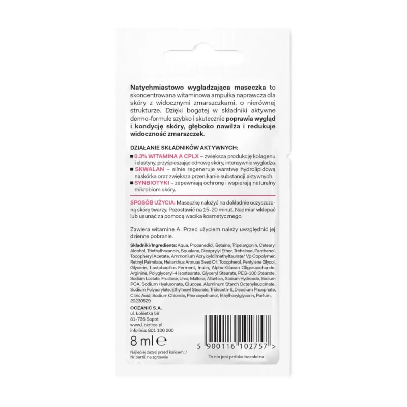 L'Biotica Dermomask, Mască de față cu netezire instantanee cu vitamina A, 8 ml — preț și oferte