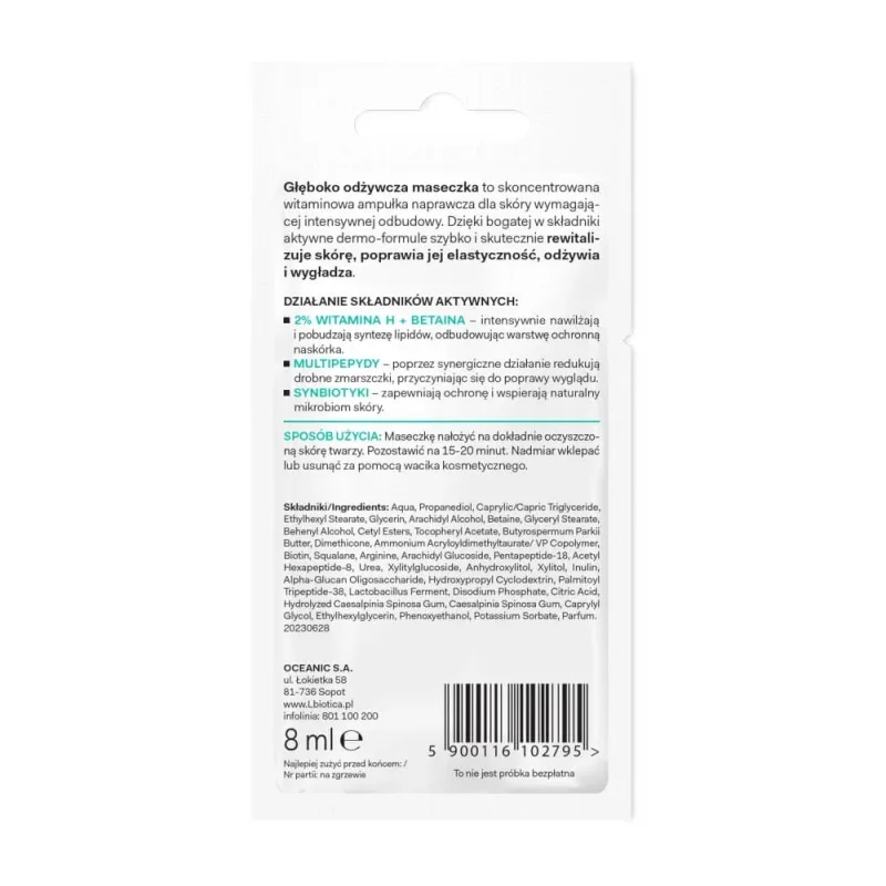 L'Biotica Dermomask, Mască de față profund hrănitoare cu vitamina H, 8 ml — preț și oferte