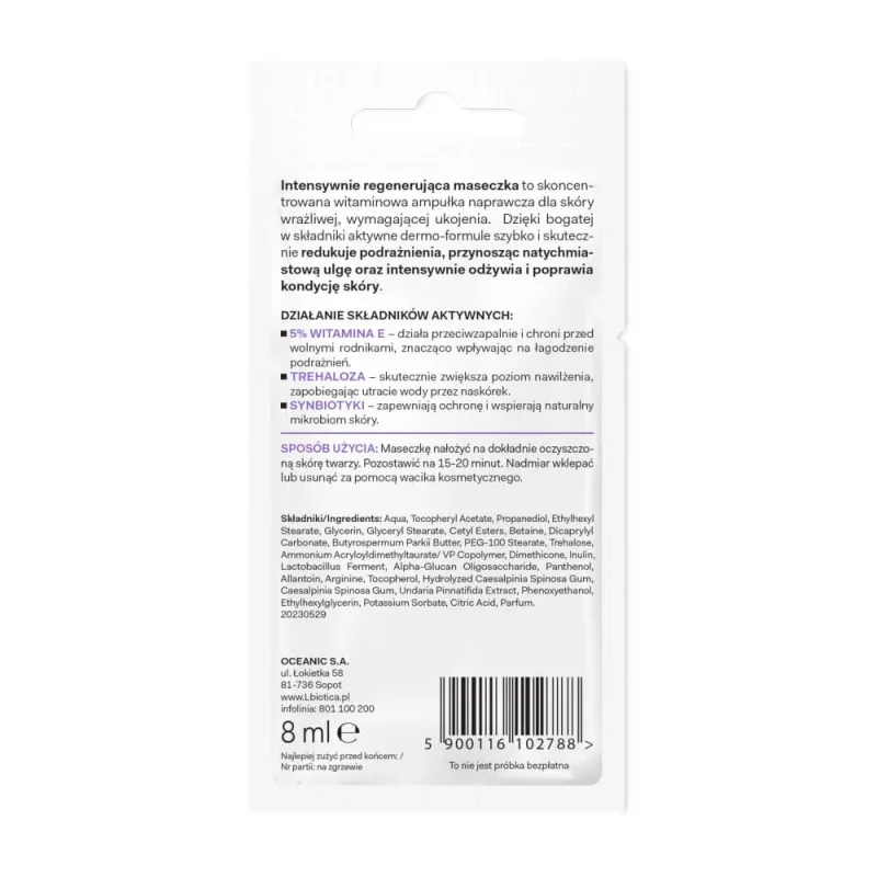L'Biotica Dermomask, Mască de față intens regeneratoare cu vitamina E, 8 ml — preț și oferte
