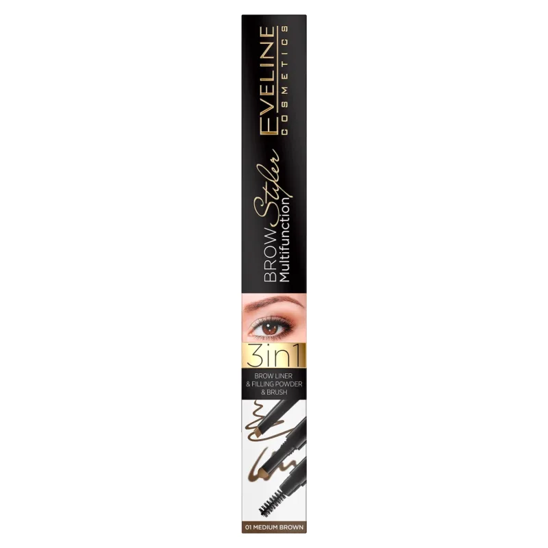 Eveline Cosmetics Brow Multifunction Styler, creion de sprâncene 3 în 1, 01 Medium Brown, 3 g — preț și oferte