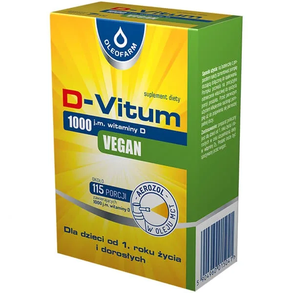 D-Vitum 1000 UI. Vegan, vitamina D pentru copii de la 1 an și adulți, aerosol, 7 ml Oleofarm — preț și oferte