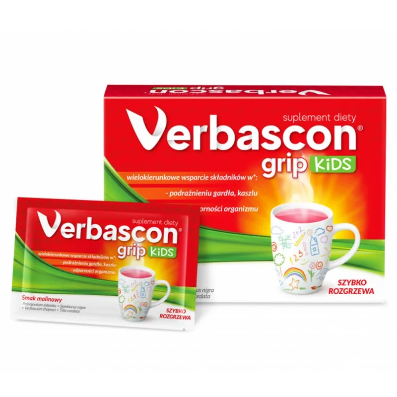 Verbascon Grip Kids, pulbere de dizolvat, aromă de zmeură, 10 pliculețe Lek Pharmaceuticals — preț și oferte