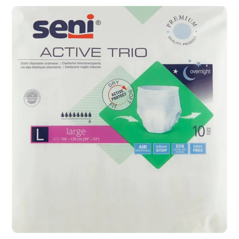 Seni Active Trio, chiloți elastici absorbanți, Large, 100-135 cm, 10 bucăți — preț și oferte