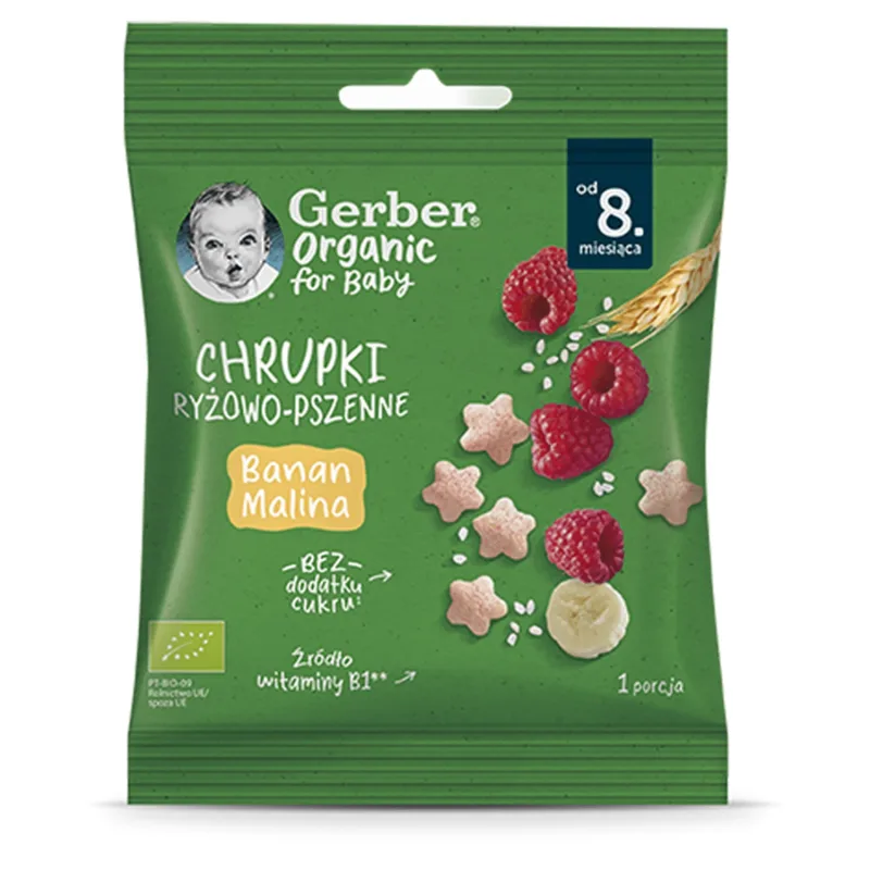 Gerber Organic chipsuri de orez și grâu, banane, zmeură, după 8 luni, 7 g — preț și oferte