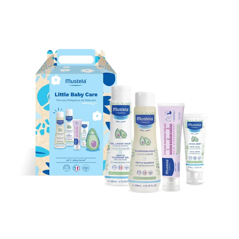 Mustela Little Baby Care set, gel de spălare, 200 ml + șampon, 200 ml + cremă de față, 40 ml + cremă de schimbat 1-2-3, 50 ml — preț și oferte