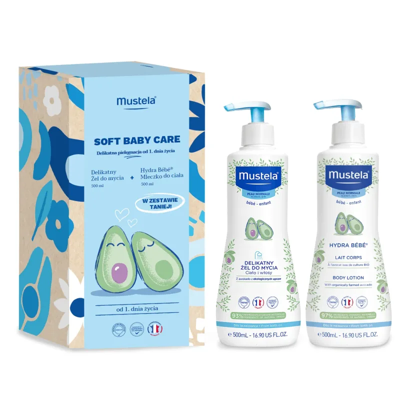 Set Mustela Soft Baby Care Îngrijire delicată, gel de spălare, 500 ml + lapte de corp, 500 ml — preț și oferte