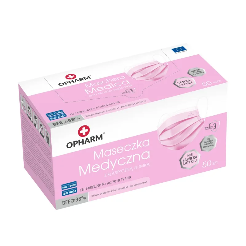 Opharm, mască medicală, de unică folosință, 3 straturi, tip IIR, roz, 50 bucăți — preț și oferte