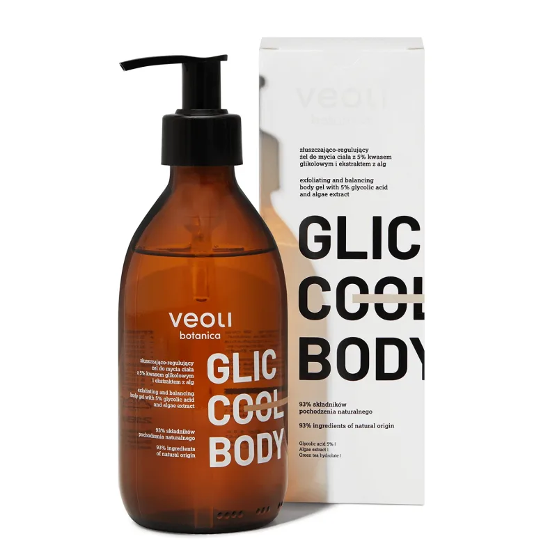 Veoli Botanica Glic Cool Body, gel de spălare pentru corp exfoliant și reglator cu 5% acid glicolic și extract de alge, 280 ml — preț și oferte