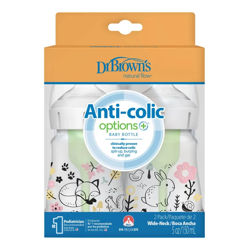 Dr Brown Anti-colic Options+, sticlă anti-colică, cu gât lat, pădure, 2 x 150 ml Dr. Brown's — preț și oferte
