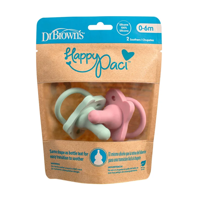 Dr Brown's Happy Paci, tetină pentru biberon în formă de manechin, silicon, roz/verde, 0-6 luni, 2 bucăți — preț și oferte