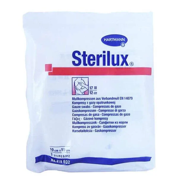 Sterilux, tampoane sterile de tifon, 17 fire, 12 straturi, 10 cm x 10 cm, 3 buc. HARTMANN — preț și oferte