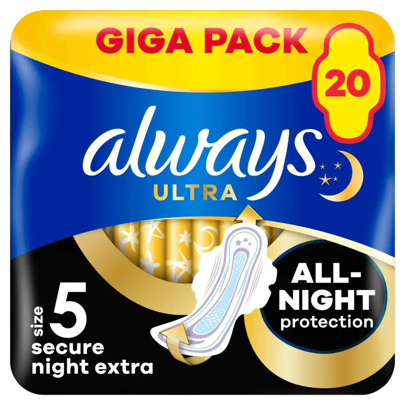 Always Ultra, șervețele sanitare cu aripi, mărimea 5, Secure Night Extra, 20 bucăți — preț și oferte