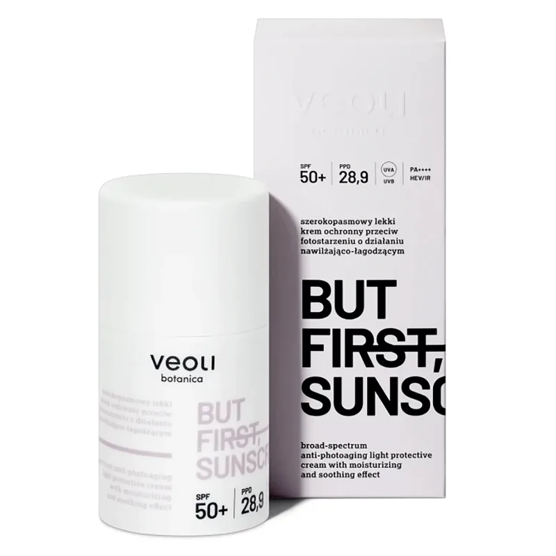 Veoli Botanica But First, Protecție solară, cremă de protecție ușoară cu spectru larg împotriva foto-îmbătrânirii, cu acțiune hidratantă și calmantă, SPF 50+, 50 ml — preț și oferte