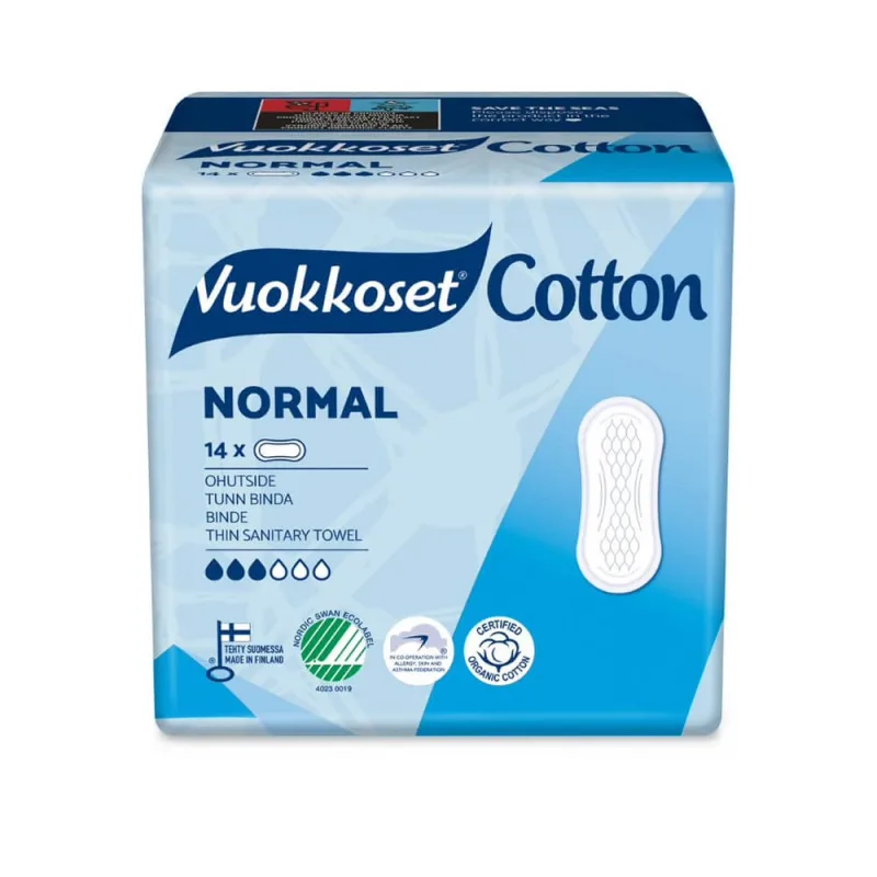 Vuokkoset Bumbac, șervețele sanitare fără aripi, Normal, 14 bucăți — preț și oferte