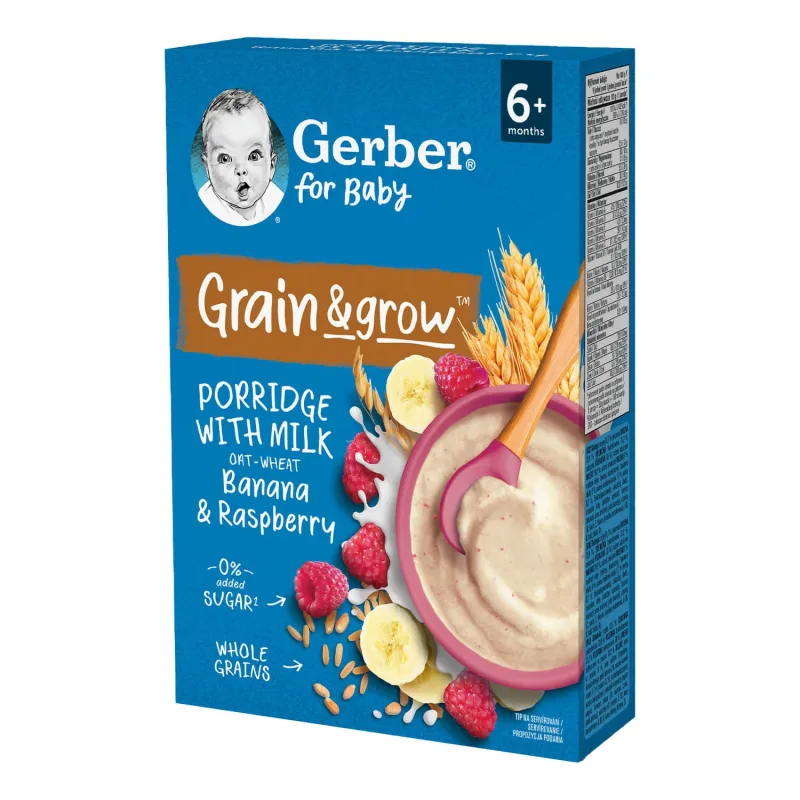 Gerber Grain &amp; Grow Terci de ovăz și grâu, banane, zmeură, lapte, fără zahăr adăugat, după 6 luni, 200 g — preț și oferte