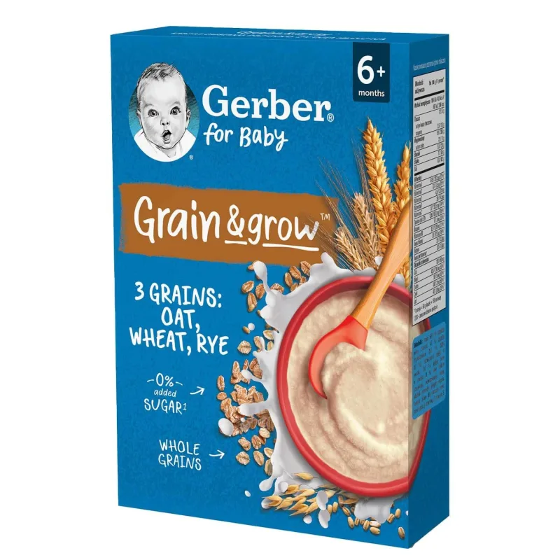 Gerber Grain &amp; Grow Oatmeal-Wheat-Rye Porridge, lapte, fără zahăr adăugat, după 6 luni, 200 g — preț și oferte