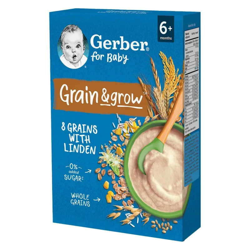 Gerber Grain &amp; Grow Porridge 8 cereale cu lime, fără lapte, fără zahăr adăugat, după 6 luni, 200 g — preț și oferte