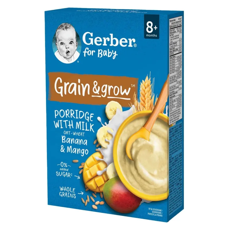 Gerber Grain &amp; Grow Terci de ovăz și grâu, banane, mango, lapte, fără zahăr adăugat, după 8 luni, 200 g — preț și oferte