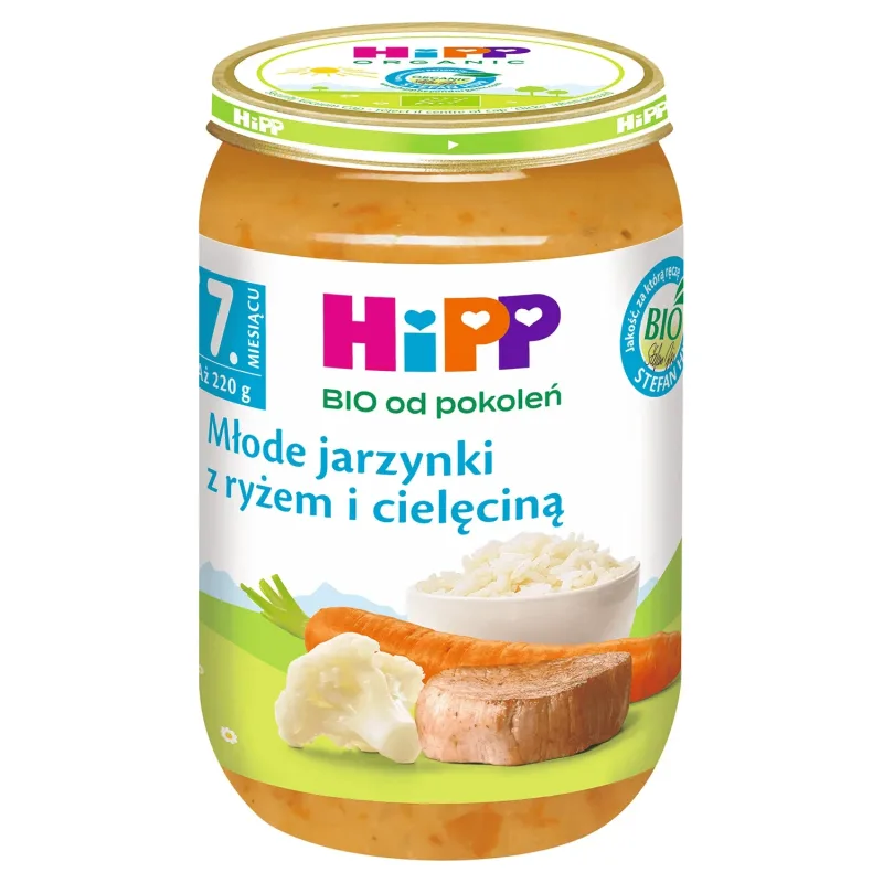 Farfurie HiPP Bio, legume tinere cu orez și vițel, după 7 luni, 220 g — preț și oferte