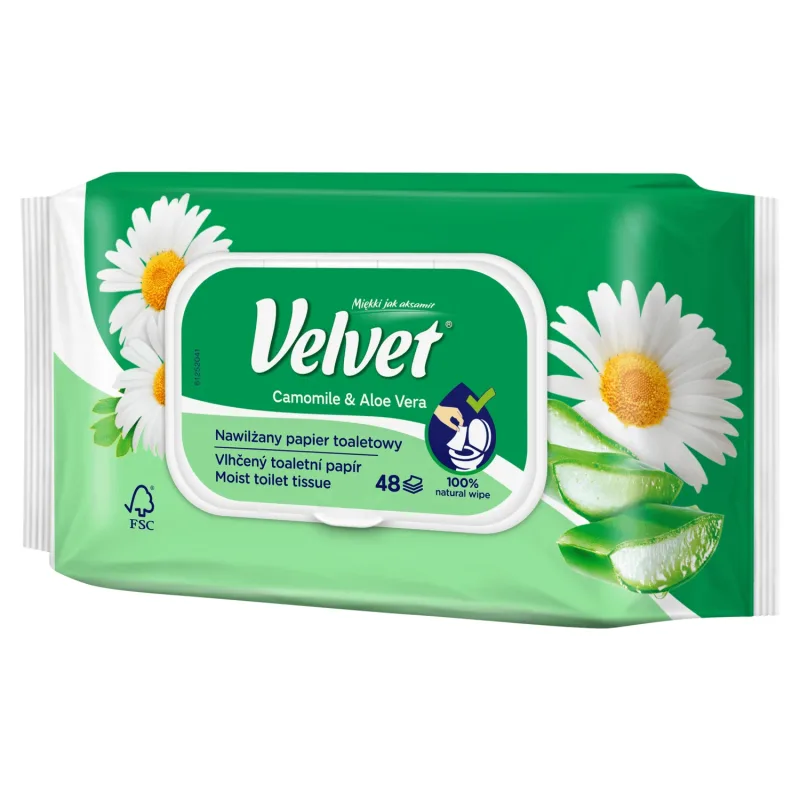Hârtie igienică de catifea, umezită, mușețel &amp; Aloe Vera, cu clip, 42 bucăți Velvet — preț și oferte