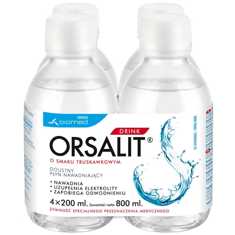 Orsalit Drink, lichid oral rehidratant pentru copii peste 3 ani, aromă de căpșuni, 4 x 200 ml BIOMED — preț și oferte