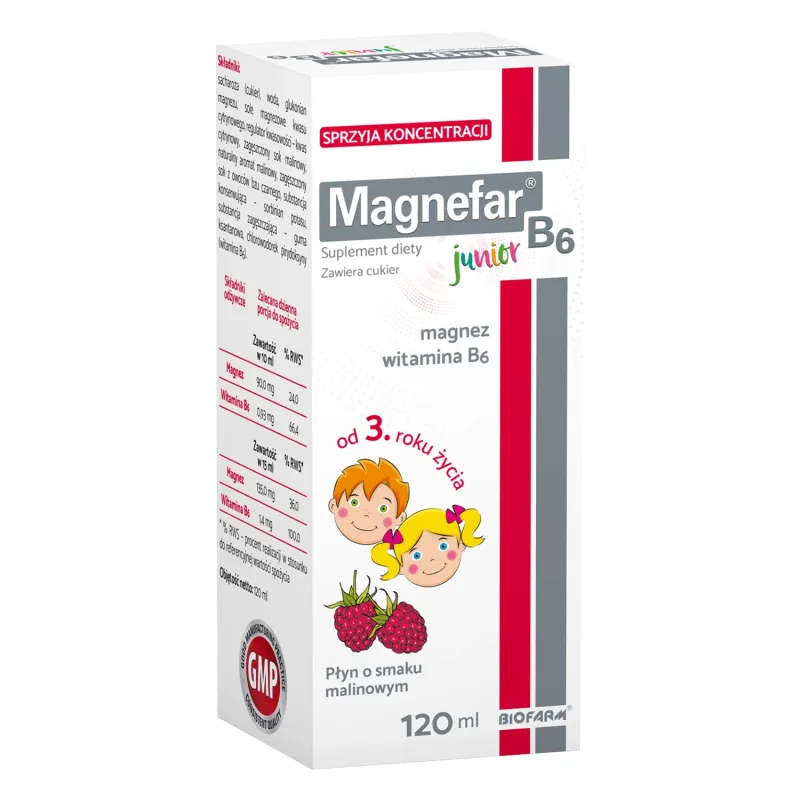 Magnefar B6 Junior lichid pentru copii de la 3 ani și adulți, aromă de zmeură, 120 ml, Biofarm Lek Pharmaceuticals — preț și oferte