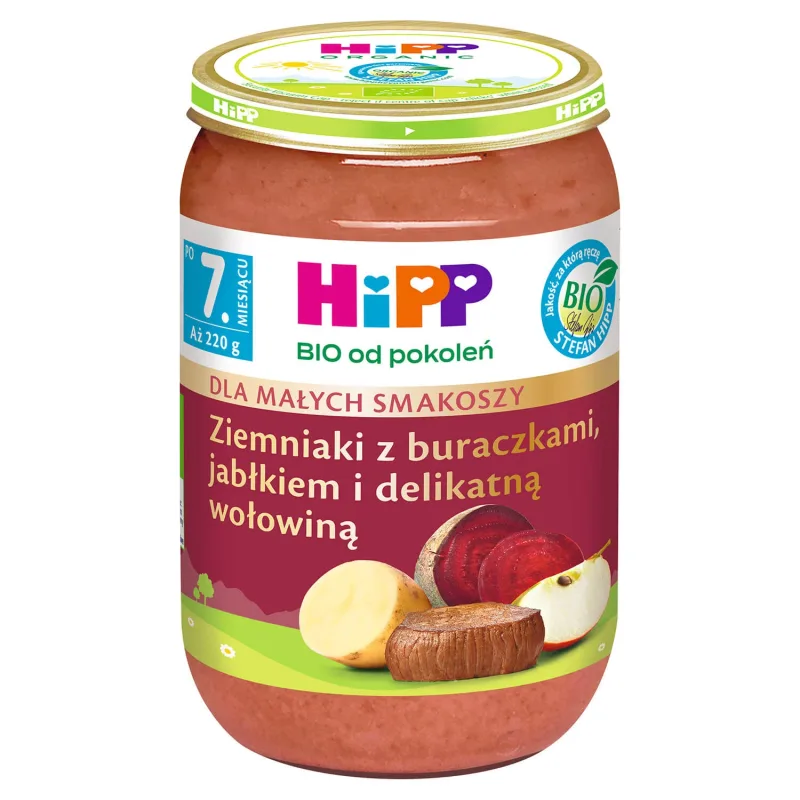 Farfurie HiPP Bio, cartofi cu sfeclă roșie, măr și carne de vită fragedă, după 7 luni, 220 g — preț și oferte
