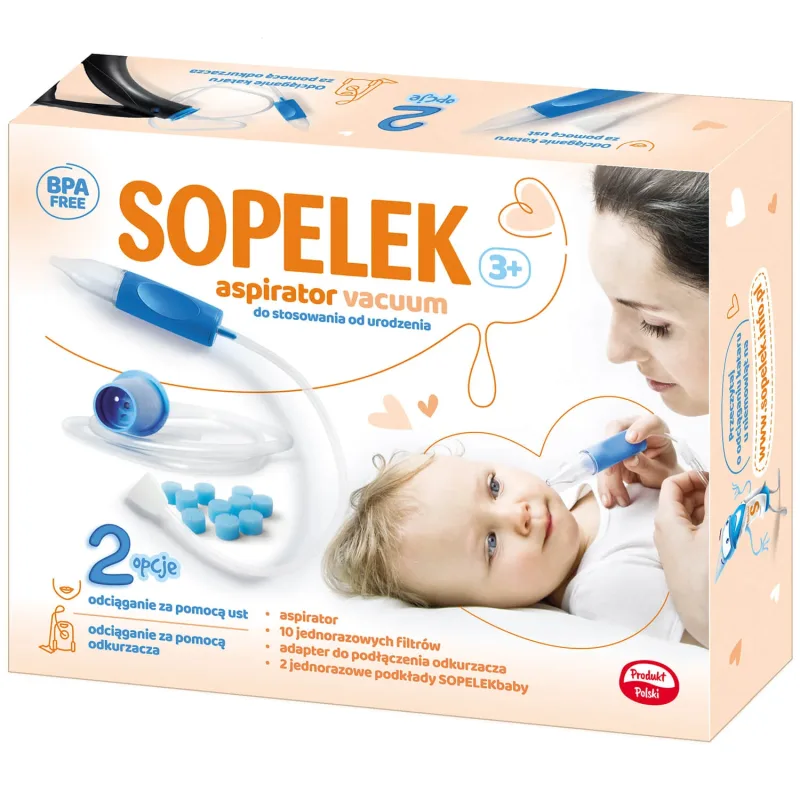 Sopelek 3+, aspirator nazal, de la naștere, vid + adaptor + filtre aspirator, de unică folosință, 10 bucăți + tampoane sanitare, 2 bucăți — preț și oferte
