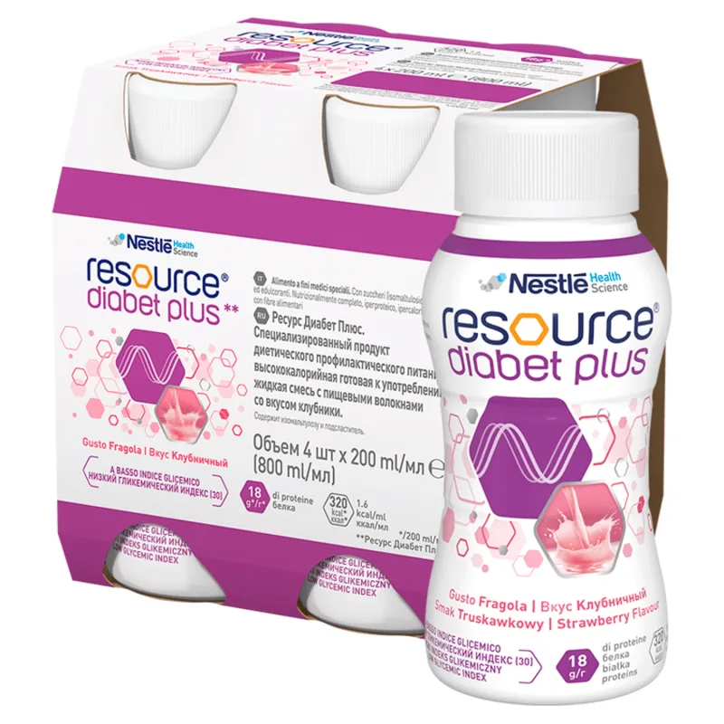Resource Diabet Plus, aromă de căpșuni, 4x200 ml NESTLE — preț și oferte