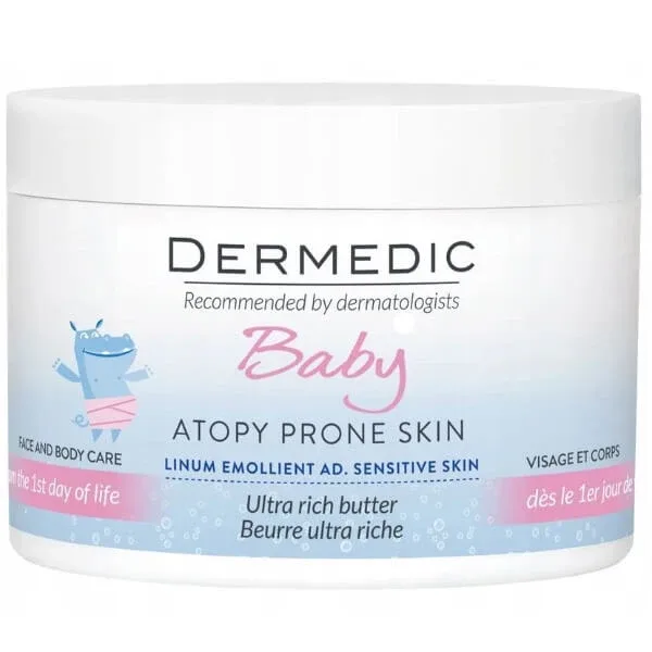 Dermedic Linum Emolient Baby, unt lubrifiant intensiv pentru față și corp din prima zi de viață, piele uscată, foarte uscată și atopică, 225 g — preț și oferte