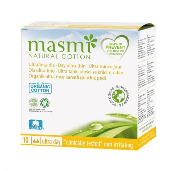 Masmi Natural Cotton, șervețele sanitare din bumbac organic, cu aripi, de zi, ultra-subțiri, 10 bucăți — preț și oferte