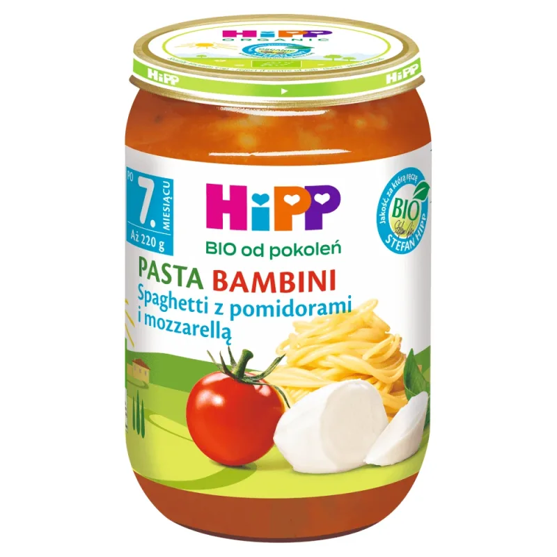 Farfurie HiPP Bio Pasta Bambini, spaghete cu roșii și mozzarella, după 7 luni, 220 g — preț și oferte