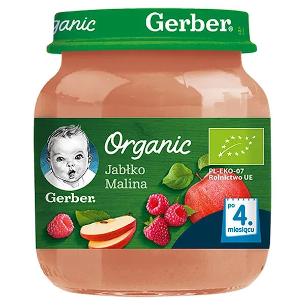 Gerber Organic, Desert, măr zmeură, după 4 luni, 125 g — preț și oferte
