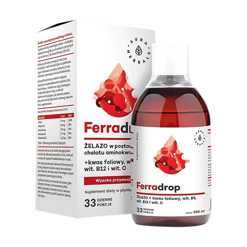 Aura Herbals Ferradrop, fier + acid folic + vitaminele B6, B12 și C, 500 ml — preț și oferte