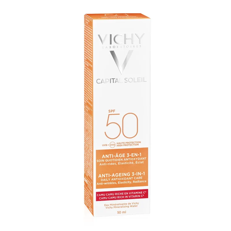 Vichy Capital Soleil, cremă de față anti-îmbătrânire 3 în 1, SPF 50+, 50 ml — preț și oferte