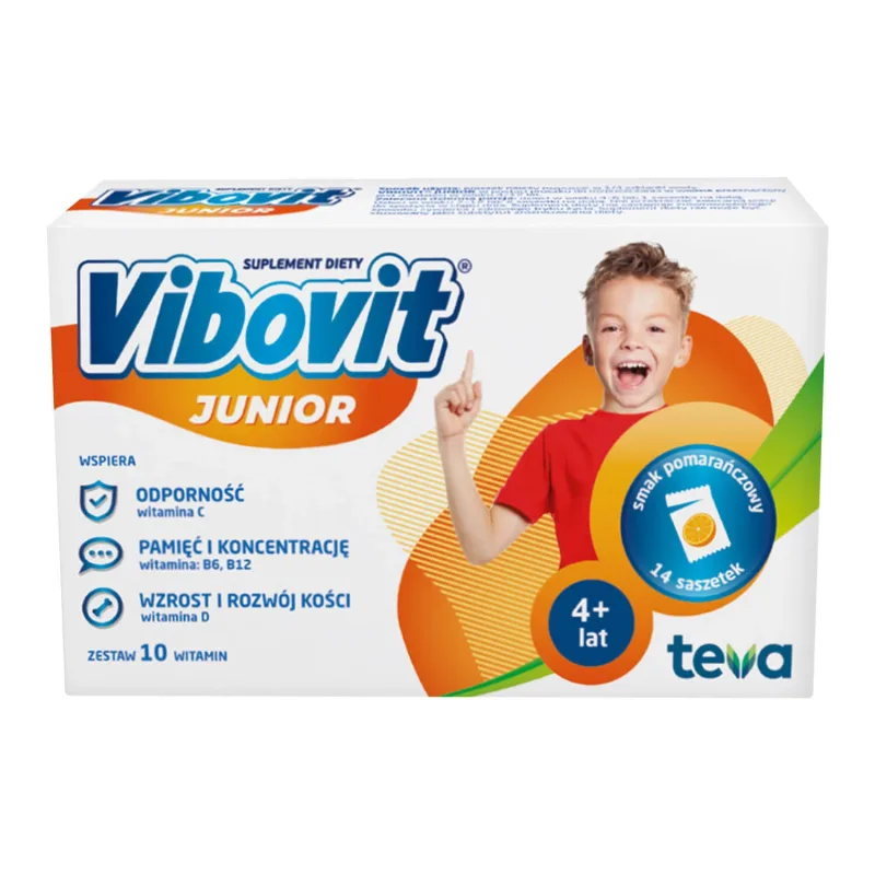 Vibovit Junior, pentru copii cu vârsta cuprinsă între 4-12 ani, aromă de portocale, 14 pliculețe TEVA PHARMACEUTICALS — preț și oferte