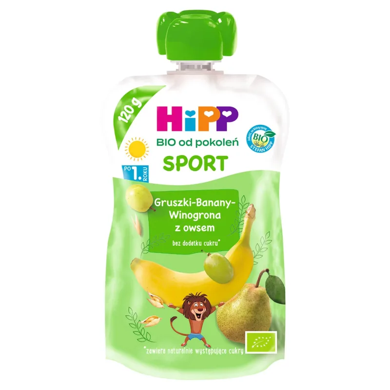 HiPP Sport Bio mousse de fructe, pere, banane, struguri cu ovăz, după 1 an, 120 g — preț și oferte