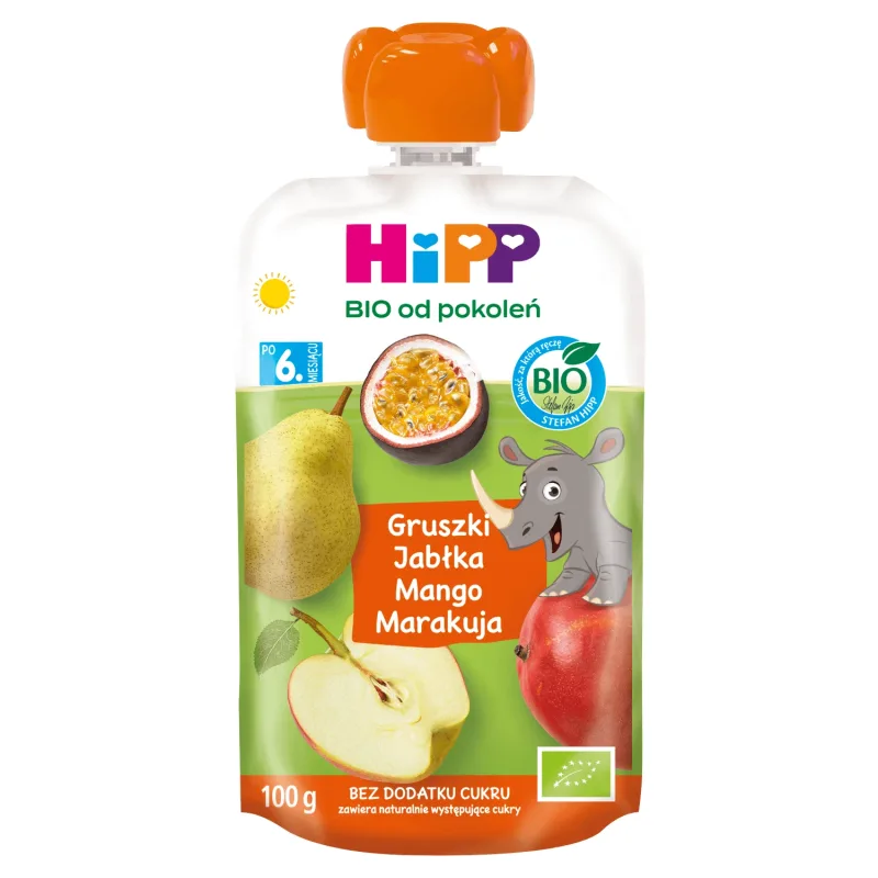 HiPP HiPPiS Bio mousse de fructe, pere, mere, mango și fructul pasiunii, după 6 luni, 100 g — preț și oferte