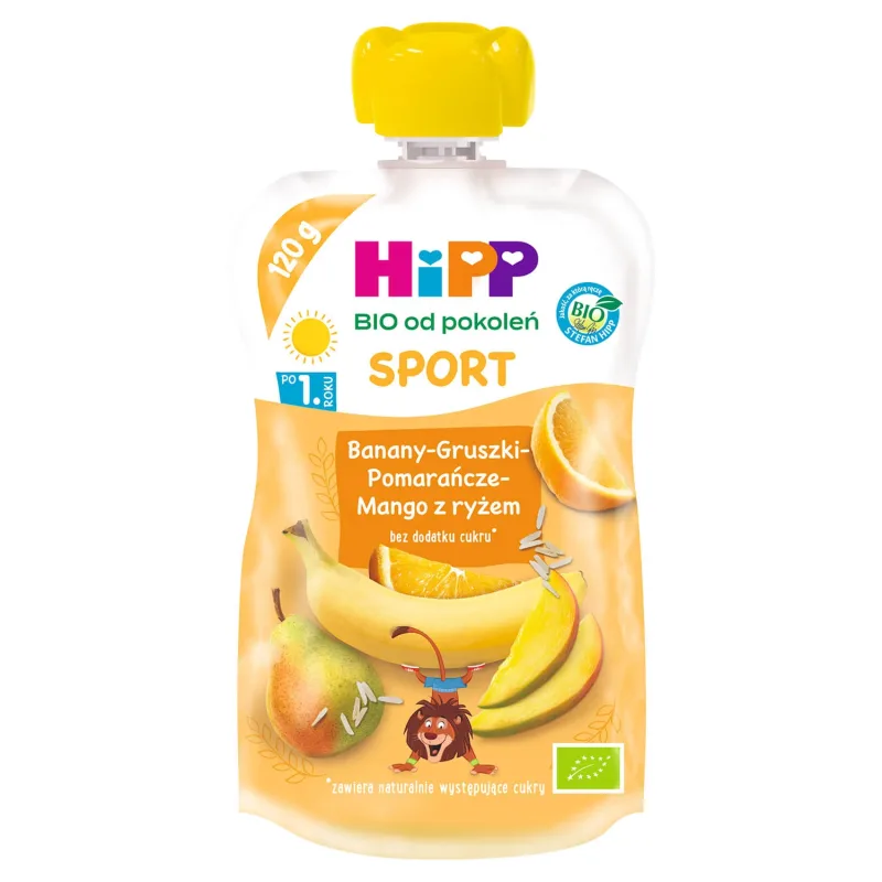 HiPP Sport Bio mousse de fructe, banane, pere, portocale, mango cu orez, după 1 an, 120 g — preț și oferte