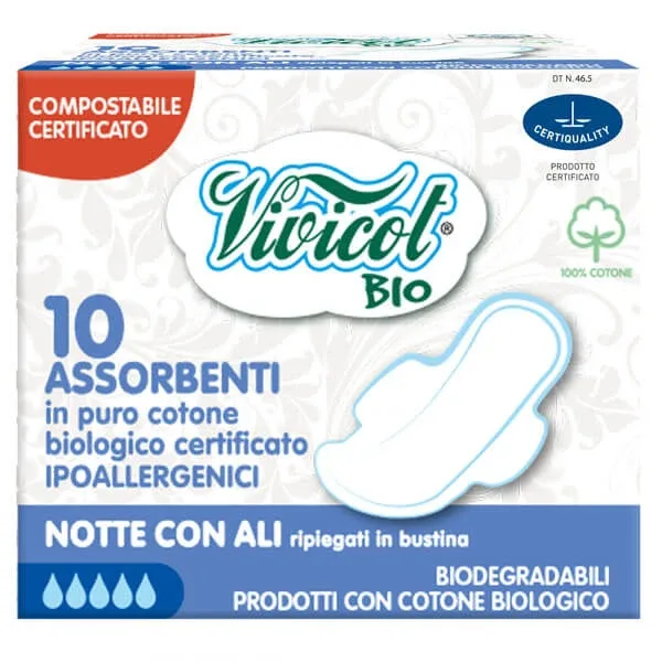 Vivicot Bio, șervețele sanitare din bumbac organic, cu aripi, compostabile, pentru noapte, 10 bucăți — preț și oferte
