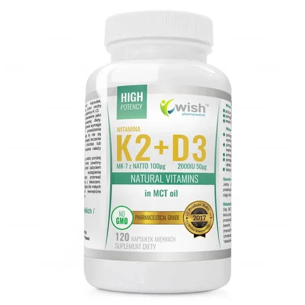 Wish, Vitamina K2 MK-7 Natto 100 µg + Vitamina D3 2000 UI 50 mcg + ulei MCT, 120 capsule — preț și oferte