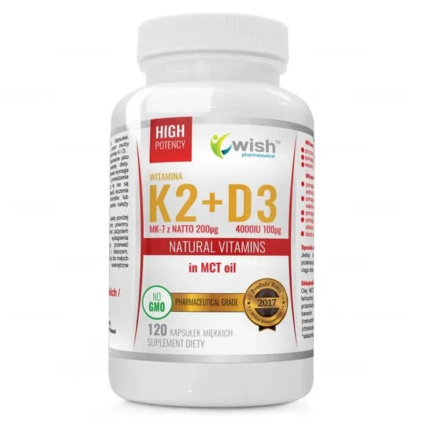 Wish Vitamina K2 MK7 din natto 200 µg + D3 4000 UI în ulei MCT, 120 capsule moi — preț și oferte