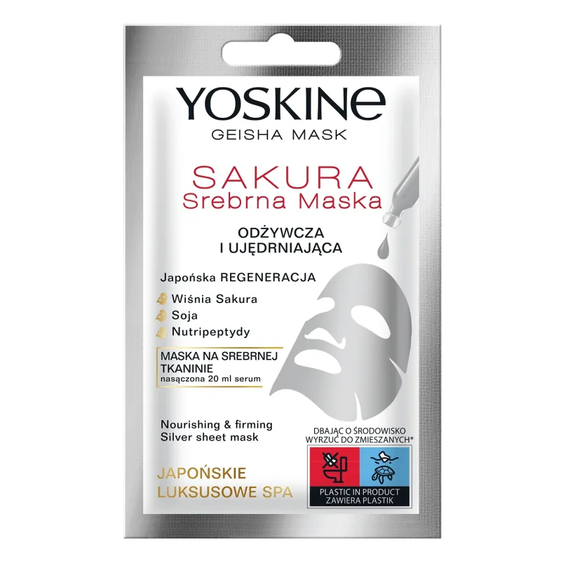 Yoskine Geisha Mask Sakura, mască din țesătură argintie, hrănitoare și de întărire, 20 ml — preț și oferte