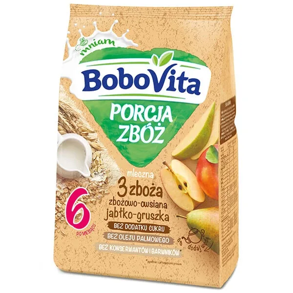 BoboVita Porcja Zbóż terci de cereale 3 cereale, mere și pere, lactate, fără zahăr adăugat, după 6 luni, 210 g — preț și oferte